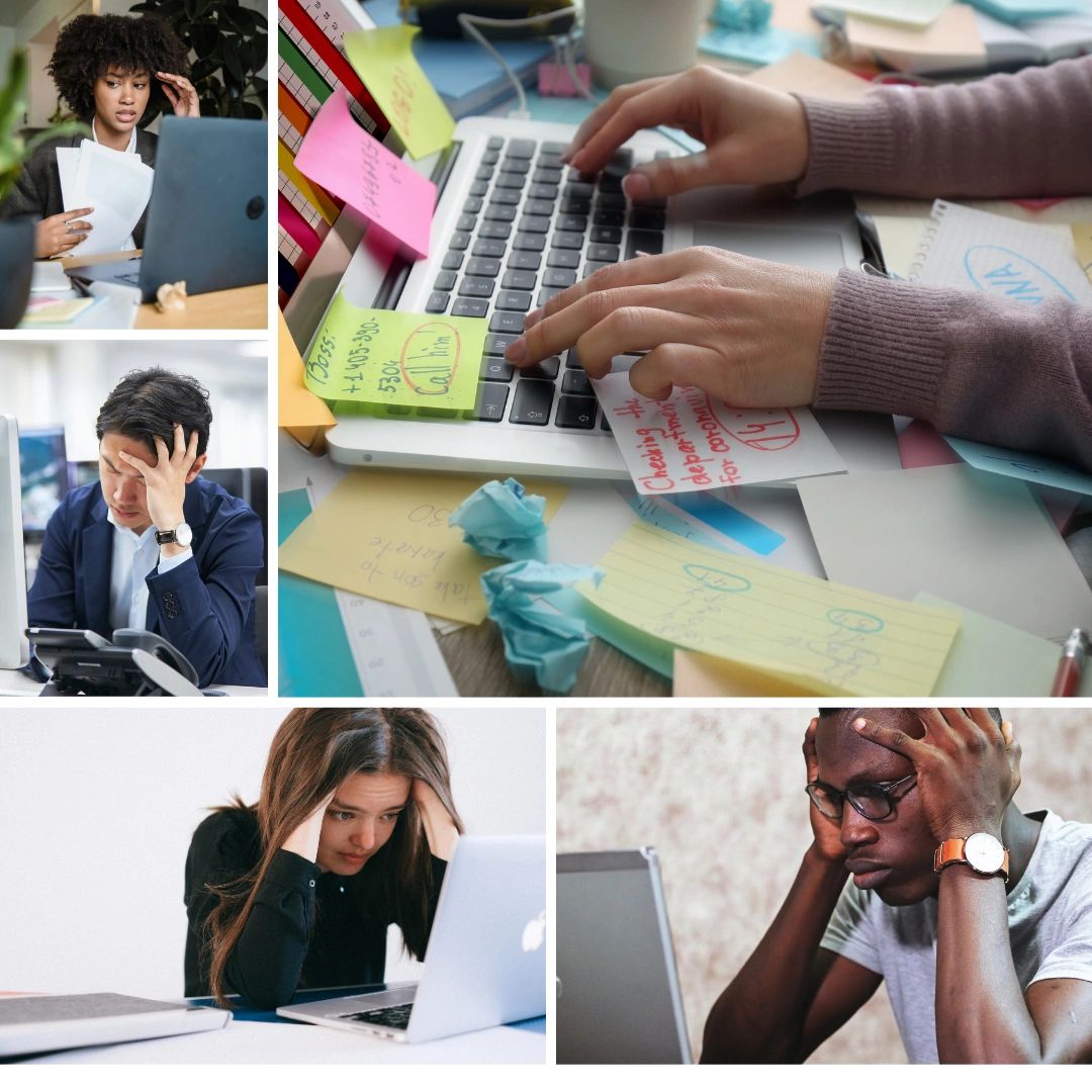 Collage of people stressed at work with cluttered desks and laptops.